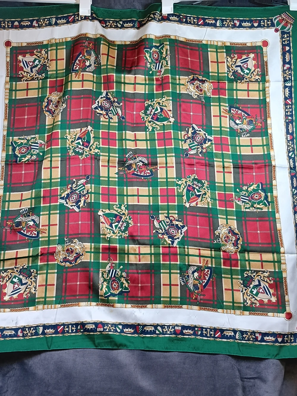 Plaid Crest Silk-Feel Scarf in Red & Green